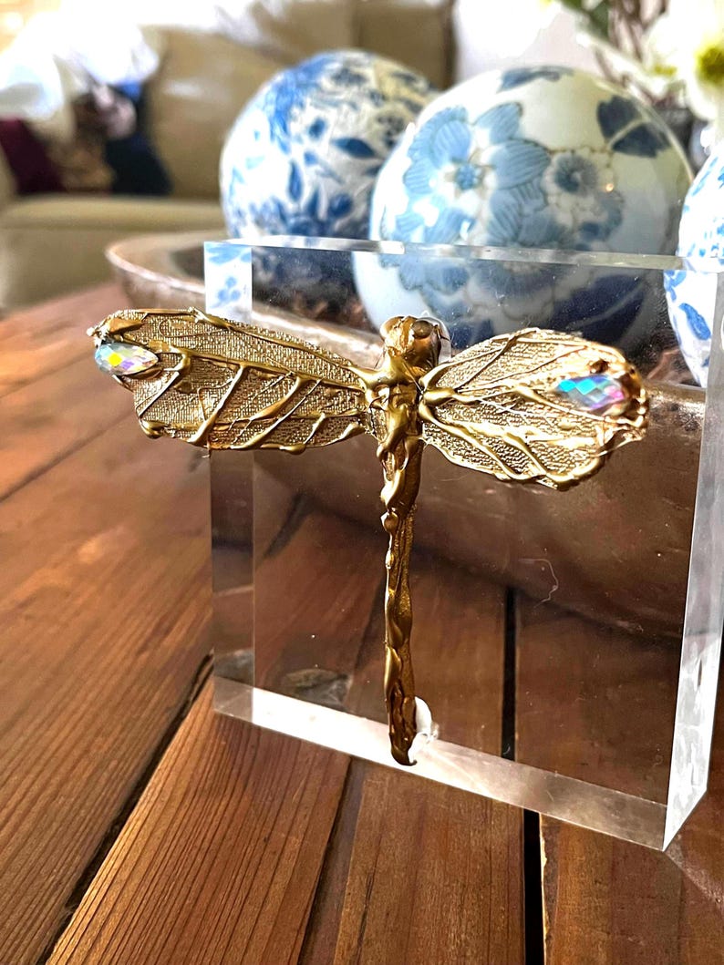 Gold dragonfly acrylic block decor