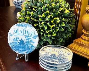 Blue and White Chinoiserie Mahjong Coaster Set of 4, Round Acrylic Box
