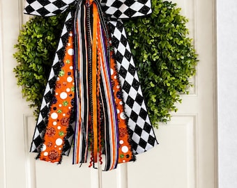 Large Halloween Harlequin Bow, Orange Purple Black White Wreath Bow (Handmade)