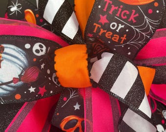 Halloween Front Door Trick or Treat Bow, Black Orange Pink Wreath Accent