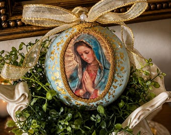 Our Lady of Guadalupe Ornament | Light Blue Gold Religious Shatterproof,  Catholic Decoration