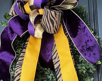 LSU Velvet Wreath Bow: Purple, Gold, Accents