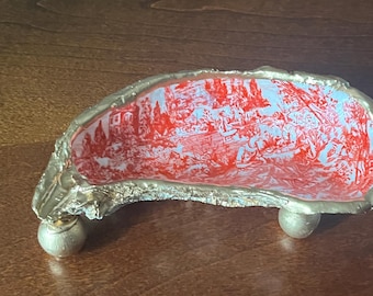 Oyster Shell Red and White Toile Jewelry Dish