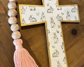 Blessing Beads, Large Wood Cross with Bunny Print and Tassel