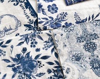 Paquete de 8 servilletas azules y blancas con decoupage