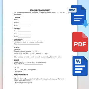 Printable Room Rental Agreement Template | Editable Room Tenancy & Lease Contract | Roommate Rental Form | Rent a Room Contract