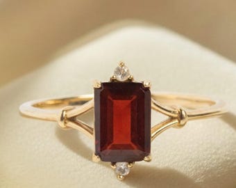 14K Solid Yellow Gold Red Garnet Engagement Ring  Anniversary Gift for Her Personalized Ring