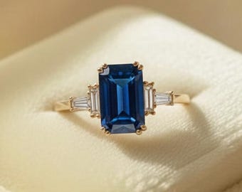 Emerald Cut Blue Sapphire Ring with Baguette Diamonds, 14K Gold Three Stone Engagement Ring