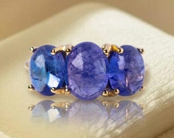 Three Stone Tanzanite Ring, Gold Trilogy Past Present Future Ring, Minimalist Luxury Anniversary Gift