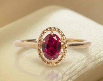 Ruby Stone Oval Ring, Rope Design Gold Band, Modern Heirloom Jewelry, Minimalist Engagement Ring