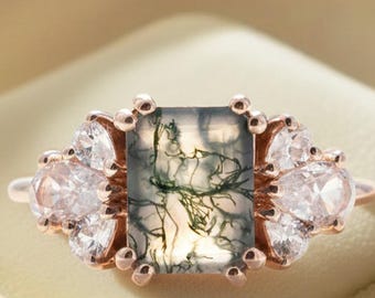 Art Deco Octagon Moss agate Engagement Ring CZ Diamond Wedding Ring Gift for her