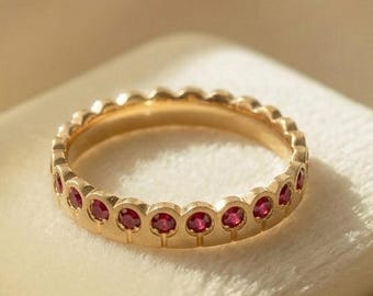 Ruby Eternity Band Ring, Dainty Gold Stacking Minimalist Gemstone Wedding Band, July Birthstone Gift