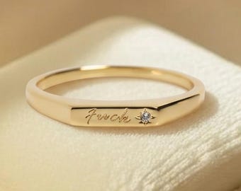 Personalized Gold Engraved Ring Band, Star Dainty Minimalist Stacking Band, Unique Custom Jewelry Gift
