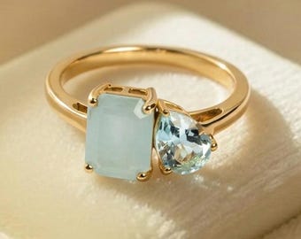 Milky Aquamarine & Sky Blue Topaz Toi Et Moi Gemstone Engagement Ring, March Birthstone Gift