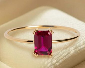 Minimalist Ruby Engagement Ring, Emerald-Cut Red Gemstone Ring in Gold, July Birthstone Dainty Promise-Gift