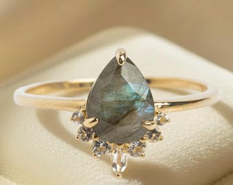 Art Deco Labradorite Ring 14K Rose Gold Pear Labradorite Engagement Jewelry Anniversary Gift