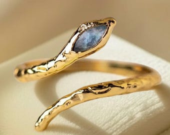 Natural Marquise Cut Labradorite Adjustable Snake Ring, 14k Solid Gold Dainty Animal Lover Gift