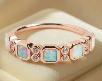 Rose-Gold Opal & CZ Diamond Ring Opal Wedding Jewelry | Minimalist Dainty October Birthstone Gift
