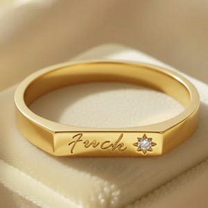 14k guldpläterad "Fuck"-ring med diamant, uttalande, band, uppbrottsgåva, dåligt ord, meddelandering