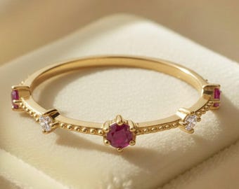 Dainty Ruby Stacking Eternity Ring Gold Minimalist Ruby Jewelry July Birthstone Gift for Her