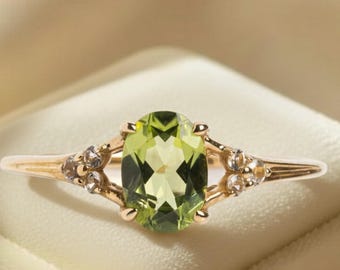Oval Peridot Sterling Silver Engagement Ring, Solid Gold Promise Ring August Birthstone Jewelry