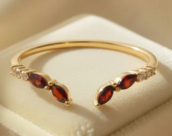 Solid Gold Art Deco Garnet & CZ Diamond Ring Half Eternity Wedding Band