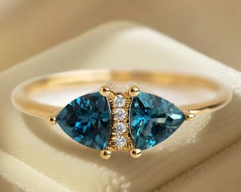 Antique Blue Topaz Wedding Band Delicate CZ Diamond Band 14k Yellow Gold Bridal Jewelry