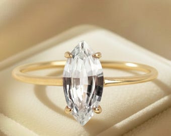Moissanite Marquise Cut Wave Ring: Delicate Unique 18K Yellow Gold Bridal Engagement Promise Ring