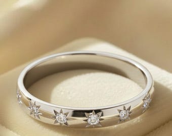 925 Sterling Silver Unique Half Eternity Wedding Band Star bright CZ Matching Engagement Band