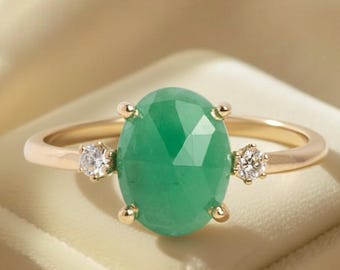 Handmade Natural Green Onyx Engagement Ring Oval Yellow Gold Statement Ring For Gifts