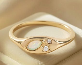 Fire Opal Diamond Summer jewelry White-Opal Moon Crescent Wedding Ring Handmade Jewelry
