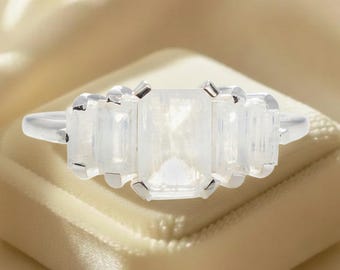 Antique Emerald Cut Moonstone Engagement Ring, Unique 14k Gold Cluster Ring Gift For her