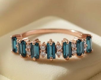 14K Rose Gold London Blue Topaz And Moissanite Engagement Ring Promise Gift For Her