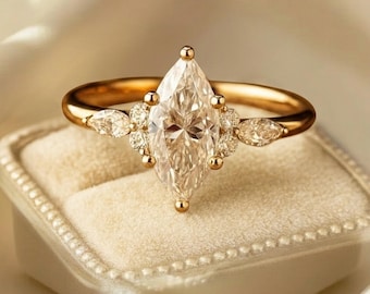 Marquise Diamond Engagement Ring in Gold,  Dainty Minimalist Bridal Ring, Nature Inspired Jewelry