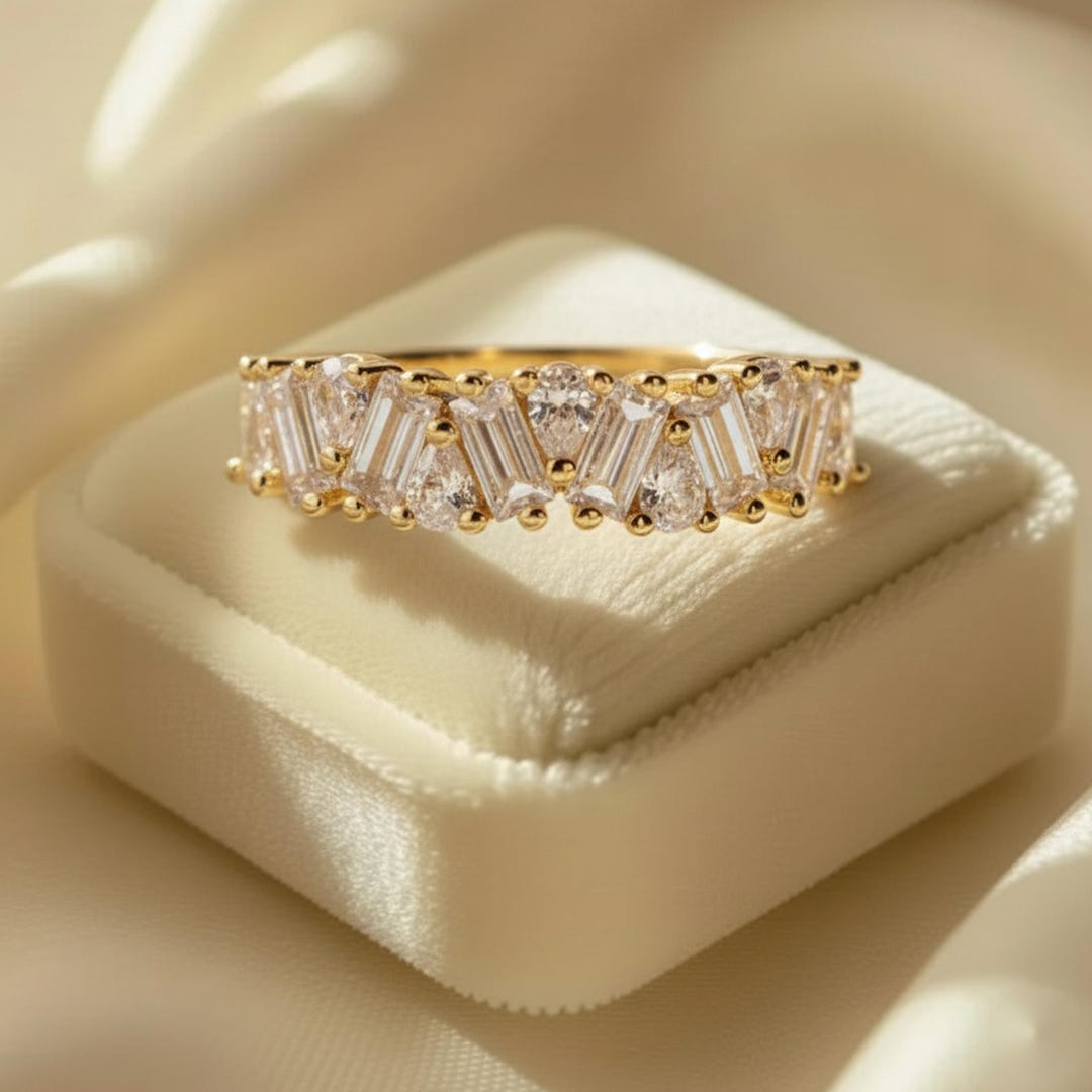Baguette Cut Moissanite Engagement Ring 14k Solid Yellow Gold Wedding ...