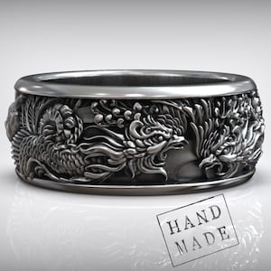 Basan Fire Bird Ring, Phoenix Jewelry, Japanese Art Ring, Handmade Mythical Band, Traditional Spirit Ornament, Gift For Him