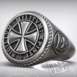 Templar Shield Signet, Maltese Cross Ring, Knight Band, Gothic Silver Jewelry, Christian Gift for Men, Handmade Medieval Faith