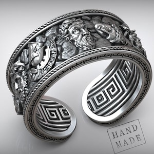 Greek Gods Ring Olympus, Adjustable Meander Band, 925K Silver Jewelry, Ancient Statue Design, Mythology Gift for History Lovers