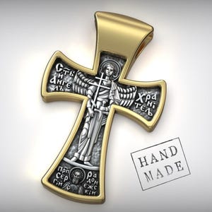 Orthodox Crucifix Pendant Necklace, Sterling Silver Christian Cross, Guardian Angel Amulet, Spiritual Faith Jewelry for Him