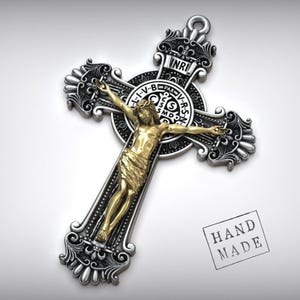 Saint Benedict Medal Crucifix, Sterling Silver Cross, Christian Necklace, Religious Jewelry, Spiritual Gift, Handmade Pendant
