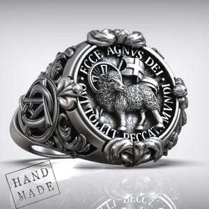 Agnus Dei Ring Lamb Of God, Christian Signet, Spiritual Band, Sterling Silver Jewelry, Handmade Faith Gift For Men And Women