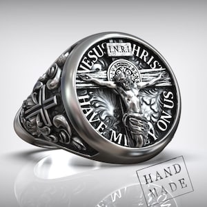 Catholic Cross Ring, Crucifixion Signet Jewelry, Men&#39;s Faith Band, Christian Spiritual Statement, Handcrafted Silver Religious Gift