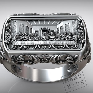 Last Supper Jesus Ring, Christian Signet, Faith Jewelry, Spiritual Band, Easter Gift, Men&#39;s Religious Accessory