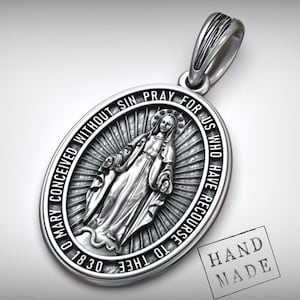Miraculous Medal Necklace Sterling Silver, Catholic Pendant, Virgin Mary Charm, Faith Jewelry, Handmade Religious Gift For Her