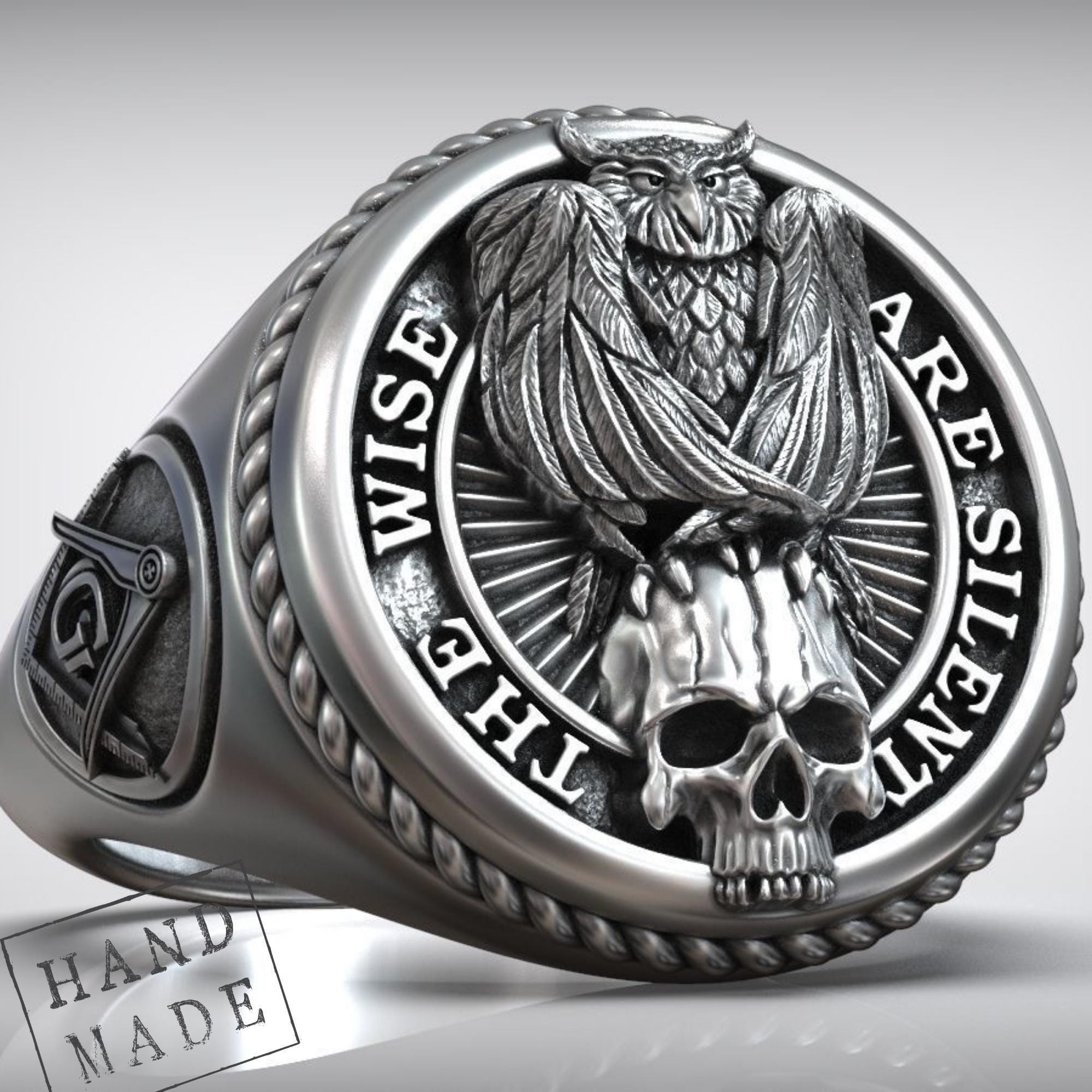 Owl Skull Signet Ring, Freemason Jewelry, Masonic Compass, Gothic Statement, Handmade Silver Band, S