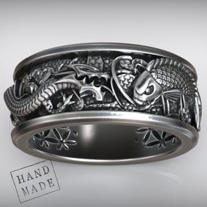 Drache Koi Ring Samurai Stil, handgemachte Silber Band, mutiger Krieger Schmuck, Mythologie Geschenk, Herren Statement Accessoire