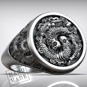 Chinese River Fish Ring, Silver Signet, Yin Yang, Lucky Symbol, Handmade Mens Jewelry, Prosperity Band, Cultural Gift