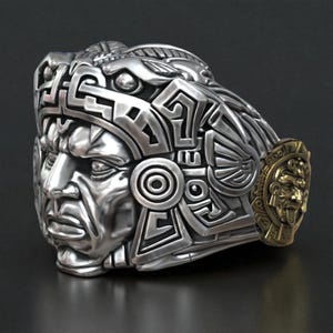 Aztec Warrior Band Ring, Mesoamerican Tribal Jewelry in Silver with Gold Accents, Handmade Ancient God Symbol for Men