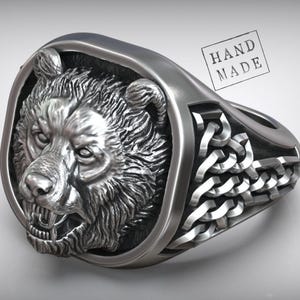 Viking Bear Head Ring, Nordic Signet, Celtic Knotwork, Warrior Jewelry, Handmade Animal Totem, Gift For Him