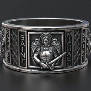 Saint Michael Ring, Archangel Jewelry, Warrior Silver Band, Catholic Faith Symbol, Handmade Christian Gift, 925 Sterling